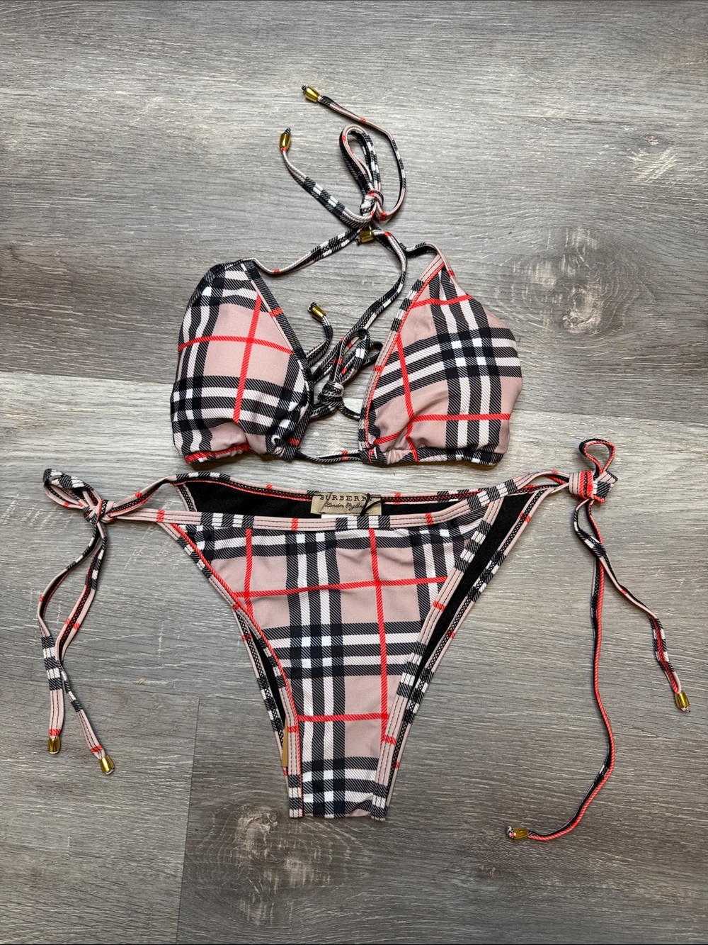Burberry Plaid Triangle String Bikini - Pink/Black/Red